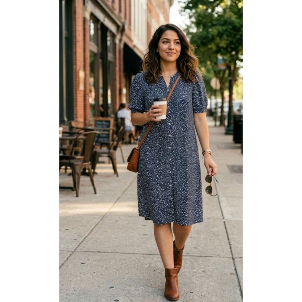 New LOFT Button Front Floral Puff Sleeve Swing Dress Women's Size 18 Petite